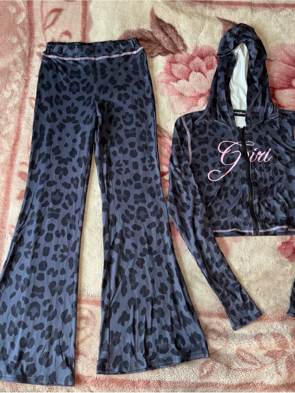 SHEIN Black and Gray Leopard Print Zip Hoodie with Pink Script